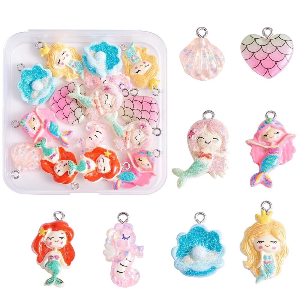 6757 32 Pieces Mermaid Theme Charm Pendant Colorful Transparent Opaque